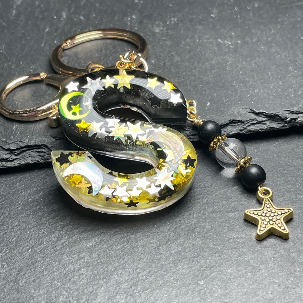 Custom Made Gold Starry Letter “S” Keychain with Clear Quartz and Onyx Charm - Picture 7 of 8